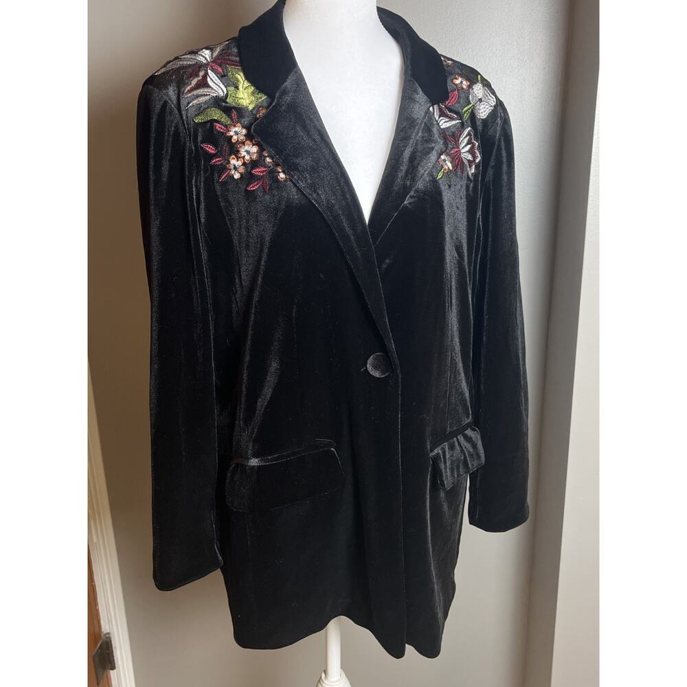 Colleen Lopez X-Large Black Velvet Embroidered Floral Blazer Jacket Witch Whimsy